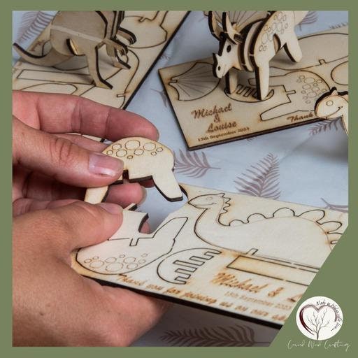 wedding favours, gifts, children, laser cut, personalised, dinosaur wedding favours, 3d dinosaur for kids