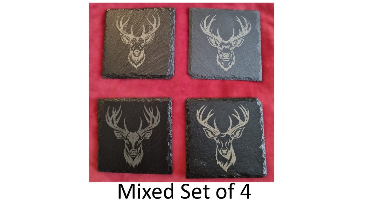 Stag head slate coaster laser engraved square set