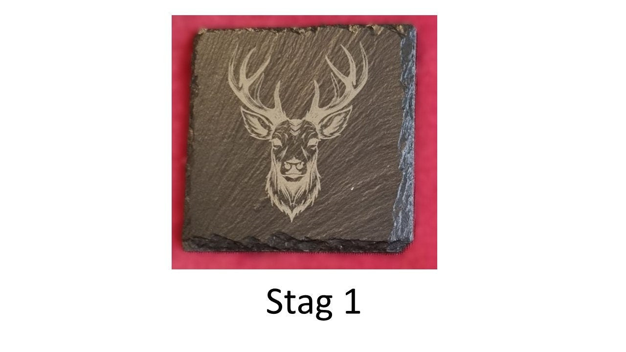 Stag head slate coaster laser engraved square set