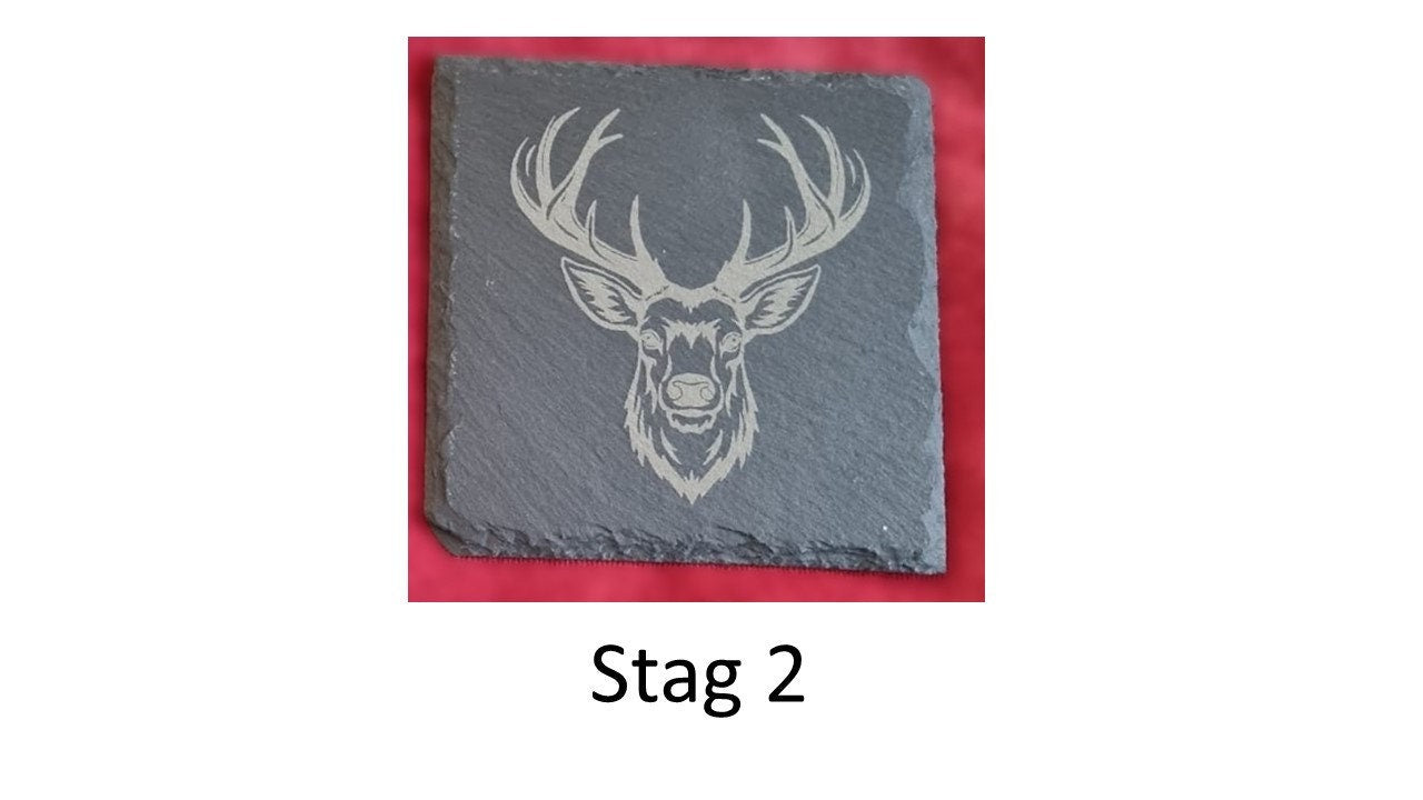 Stag head slate coaster laser engraved square set