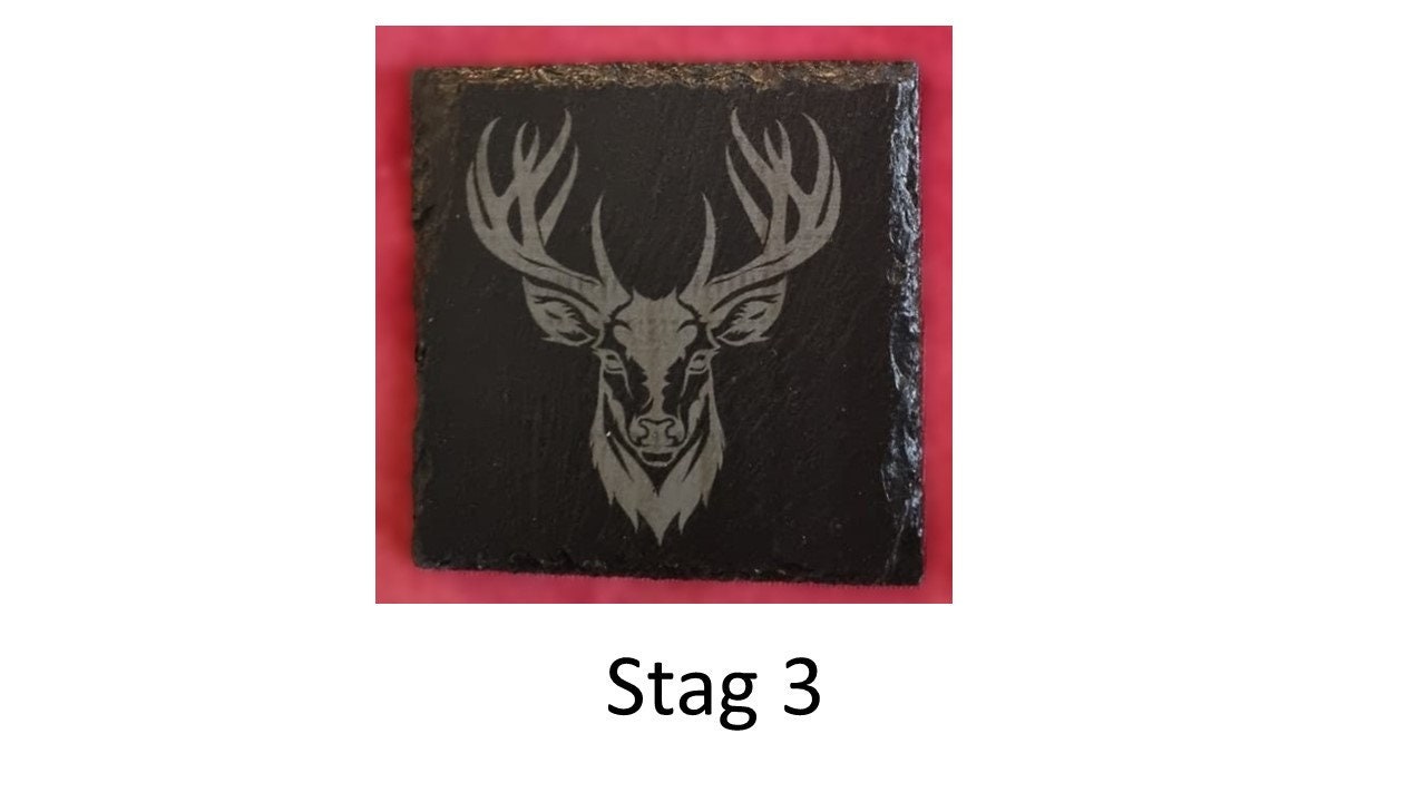 Stag head slate coaster laser engraved square set