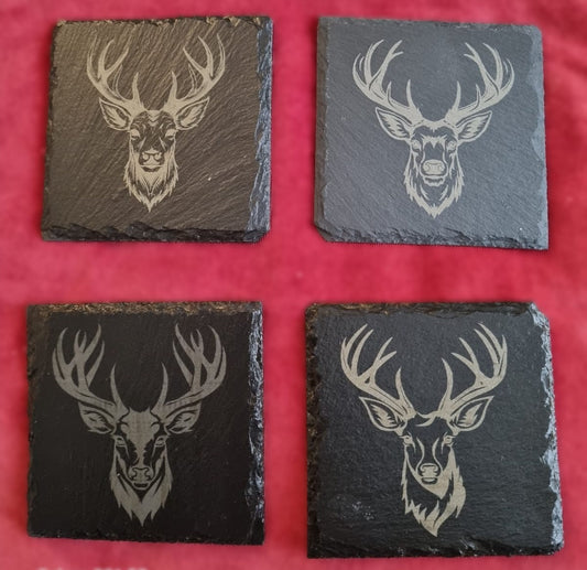 Stag head slate coaster laser engraved square set