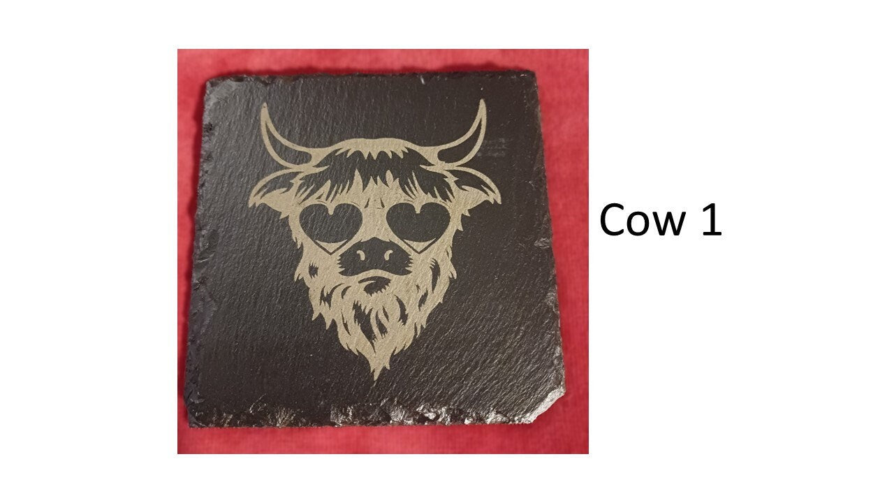 Slate highland cow coaster natural engraved