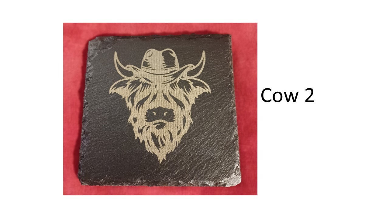 Slate highland cow coaster natural engraved