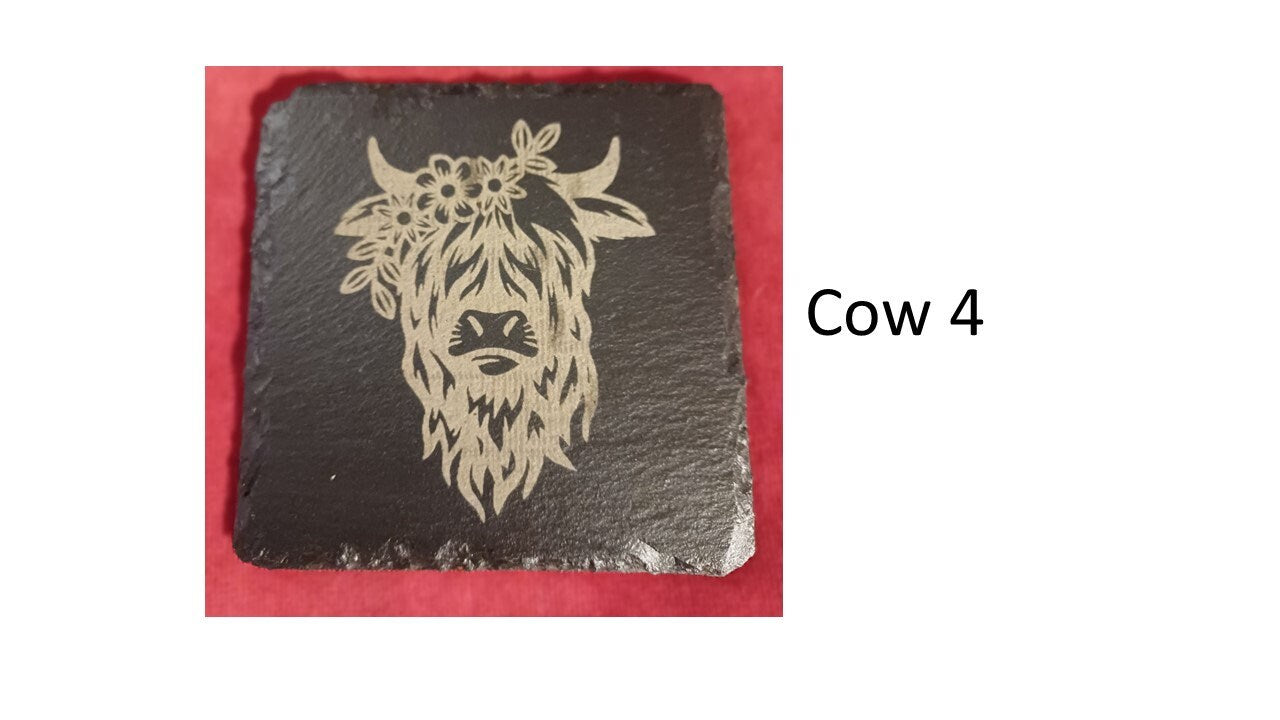 Slate highland cow coaster natural engraved