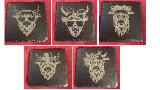 Slate highland cow coaster natural engraved