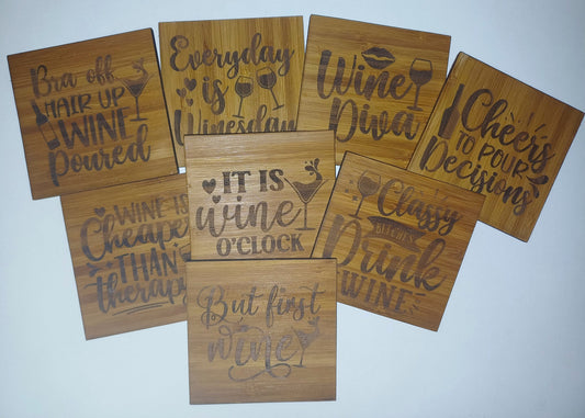 Bamboo coasters, wooden fun coasters, coasters for wine, laser engraved funny coasters