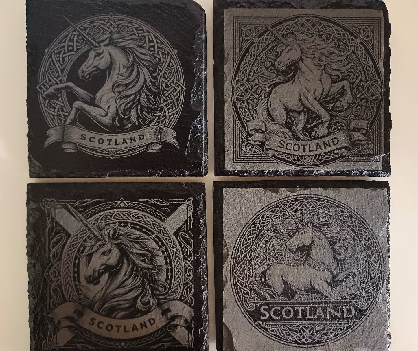 Scottish themed slate coasters, unicorn coasters, slate coasters, decorative coasters, Scottish national animal, set of coasters, Scotland