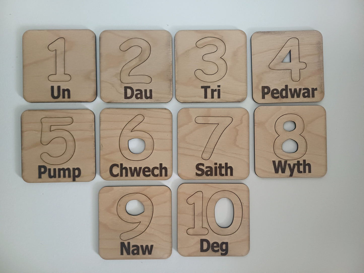 Welsh language number stencils and educational toy Montessori style