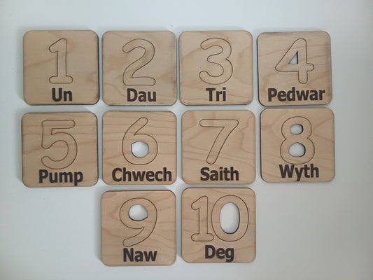 Welsh language number stencils and educational toy Montessori style