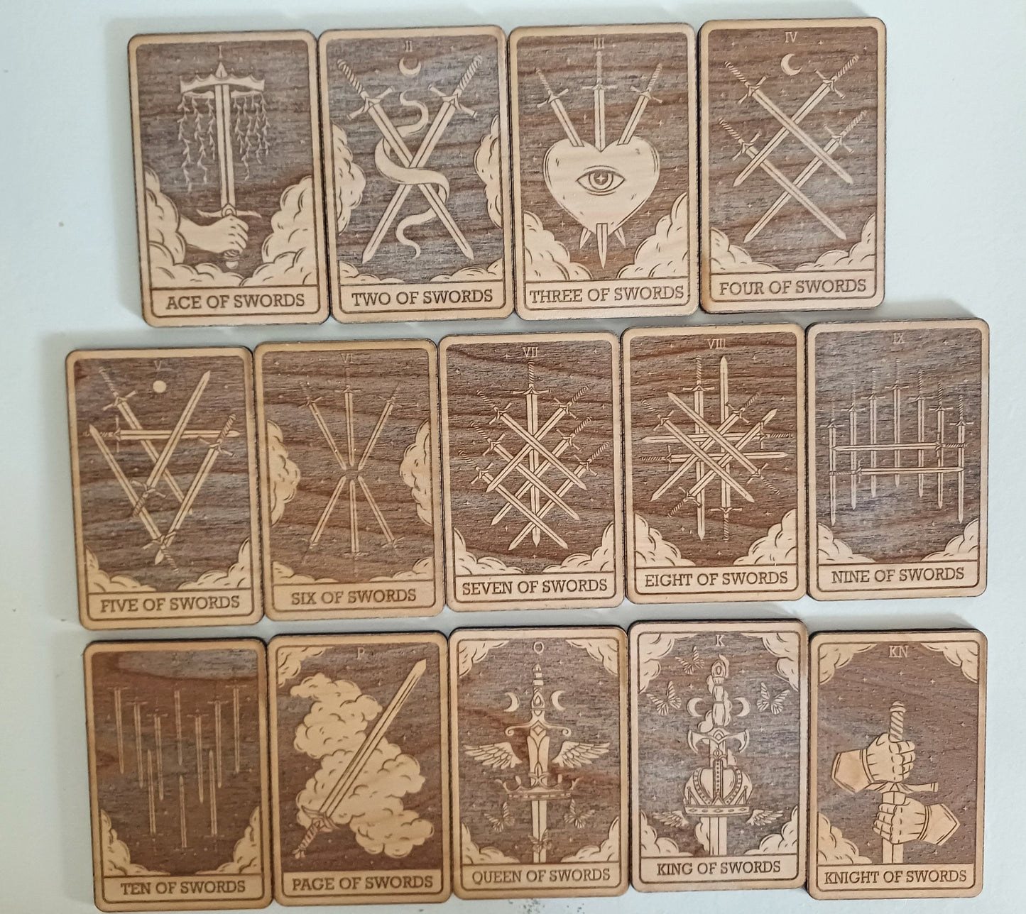 Tarot cards Minor Arcana swords suit laser engraved plywood spirituality witchcraft divination