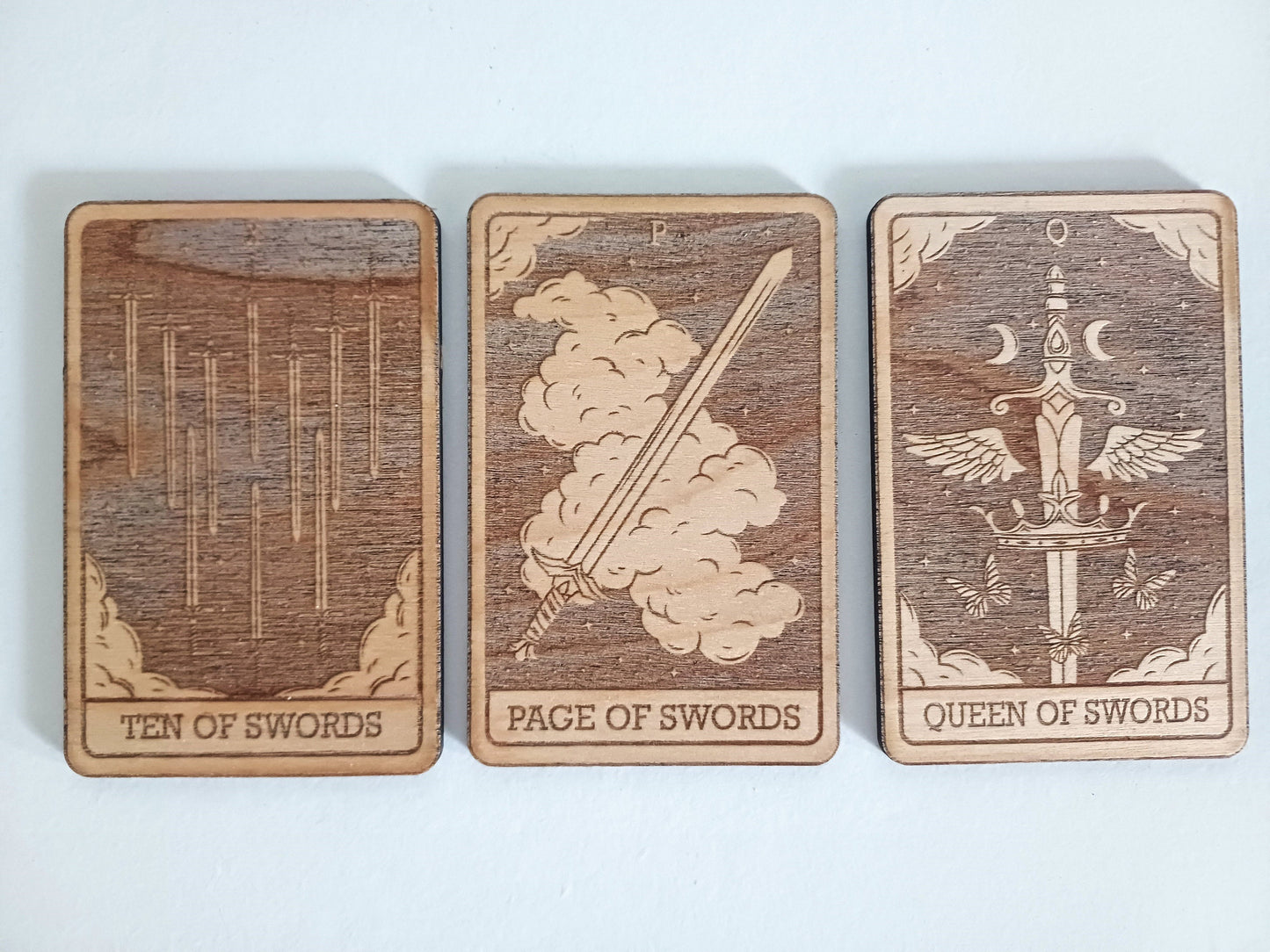 Tarot cards Minor Arcana swords suit laser engraved plywood spirituality witchcraft divination