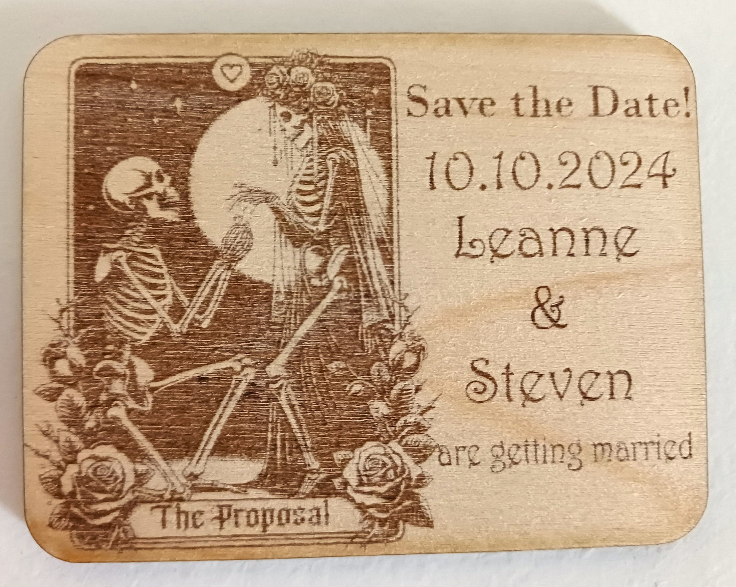 Gothic Tarot style wedding save the date fridge magnets. skeleton design wedding invites