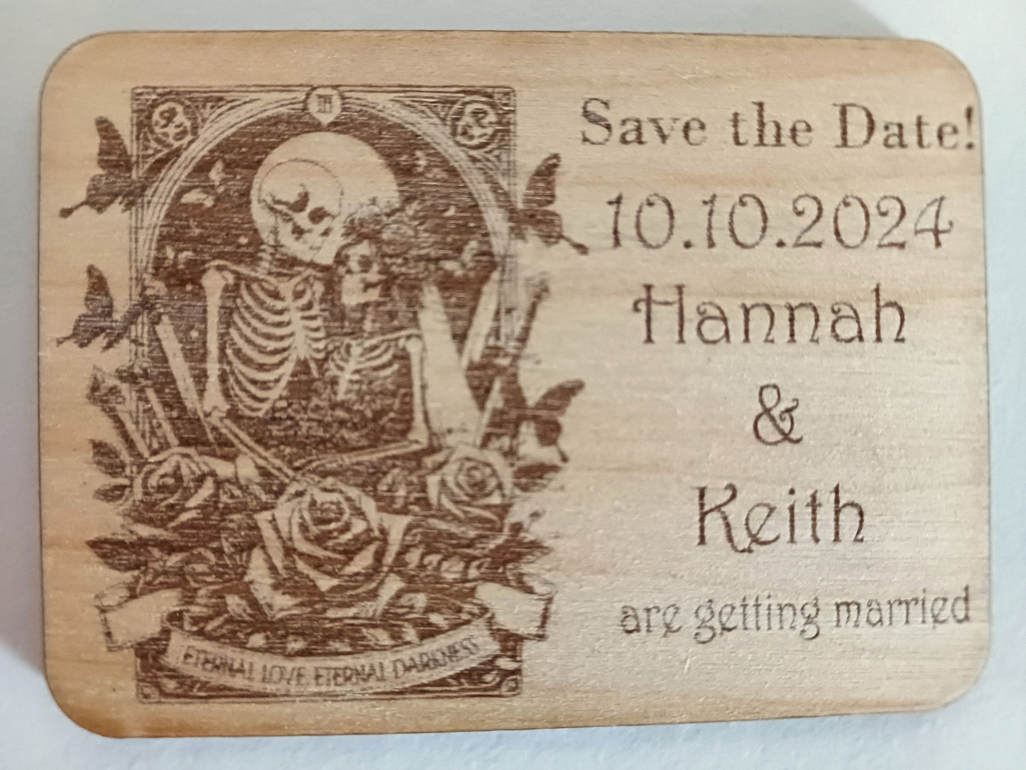 Gothic Tarot style wedding save the date fridge magnets. skeleton design wedding invites