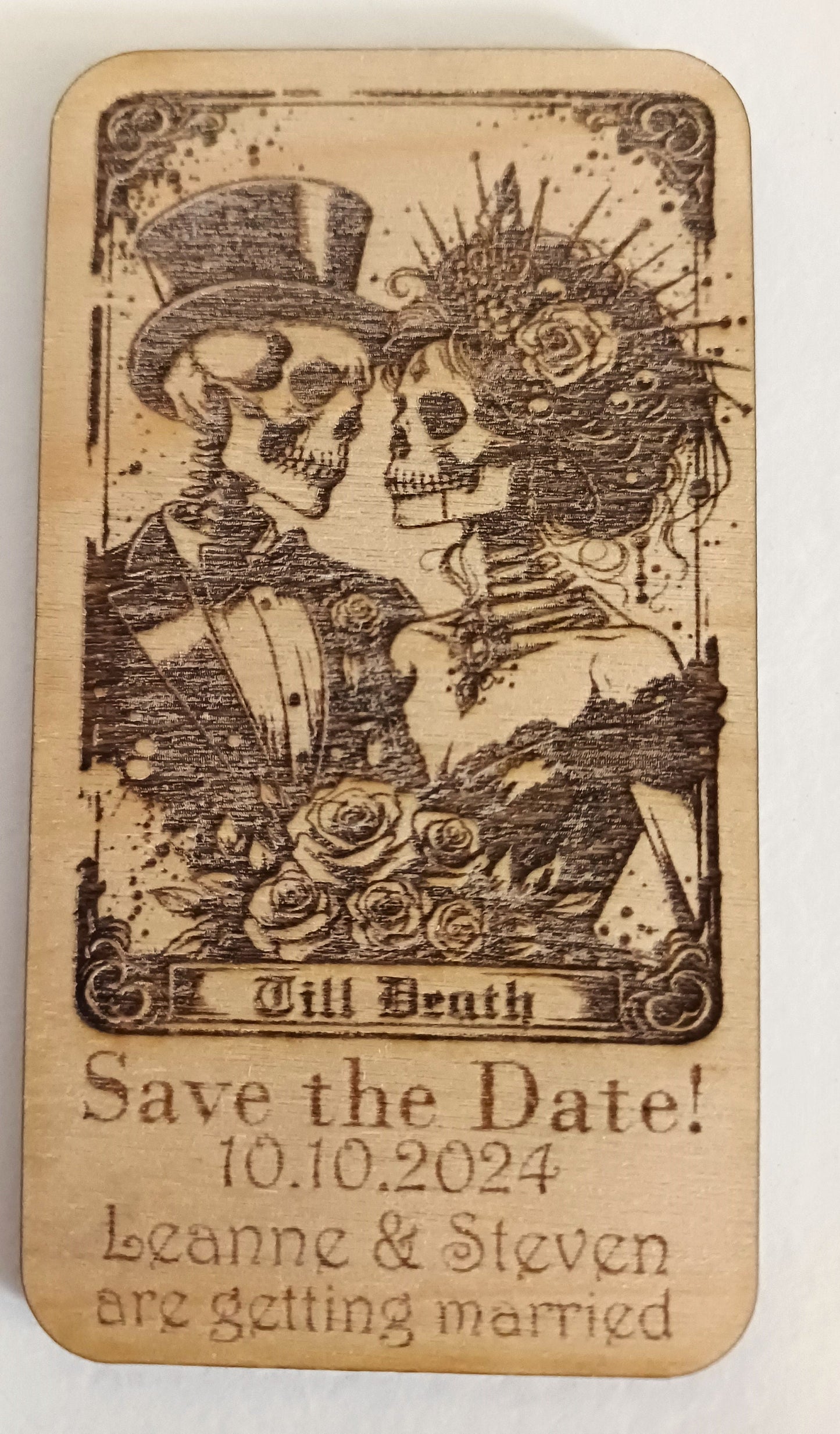 Gothic Tarot style wedding save the date fridge magnets. skeleton design wedding invites