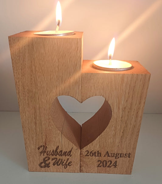 Oak heart tea light, candle holder, personalised, best friend, gift, laser engraved, handmade, wedding, engagement