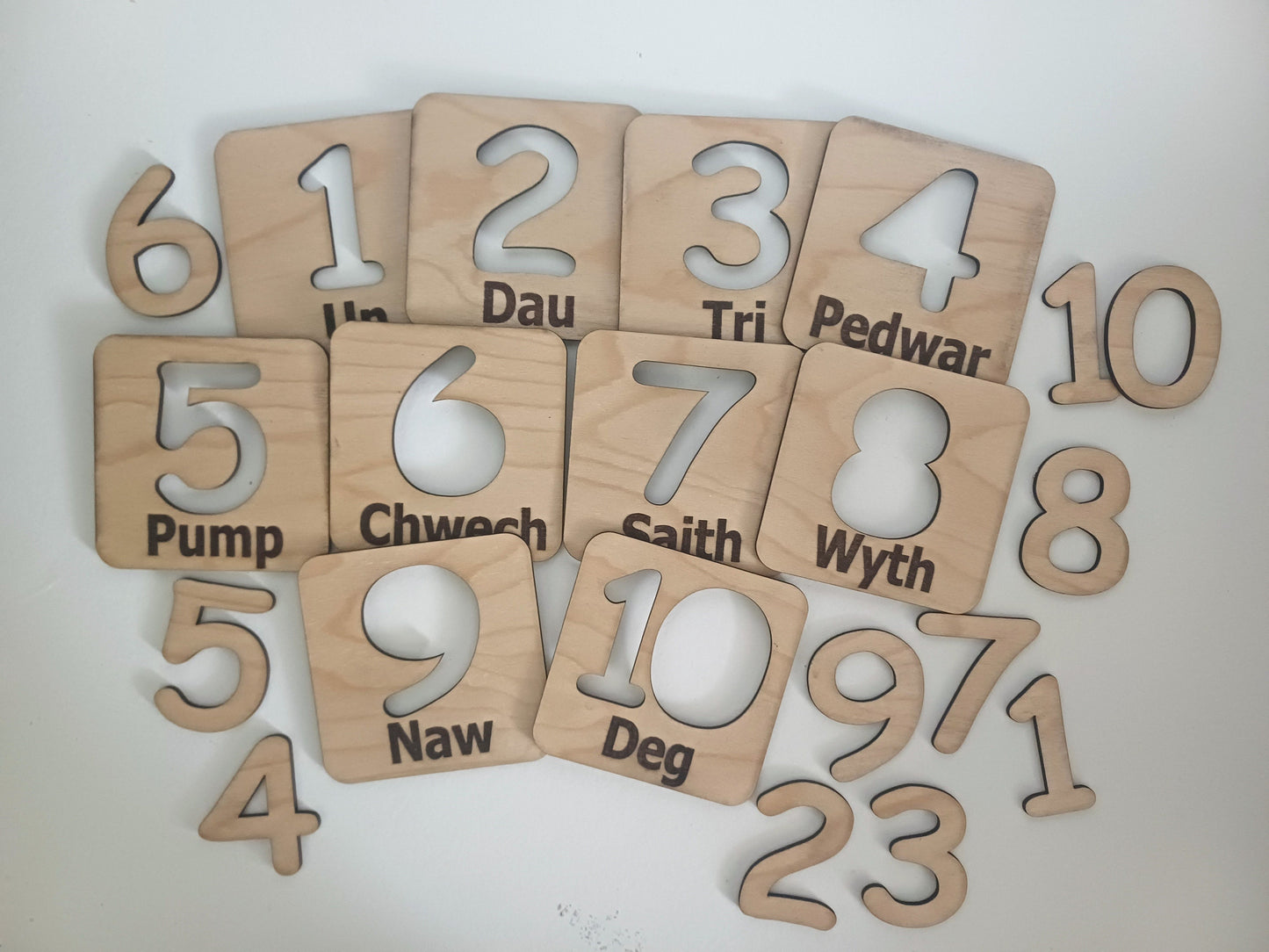 Welsh language number stencils and educational toy Montessori style