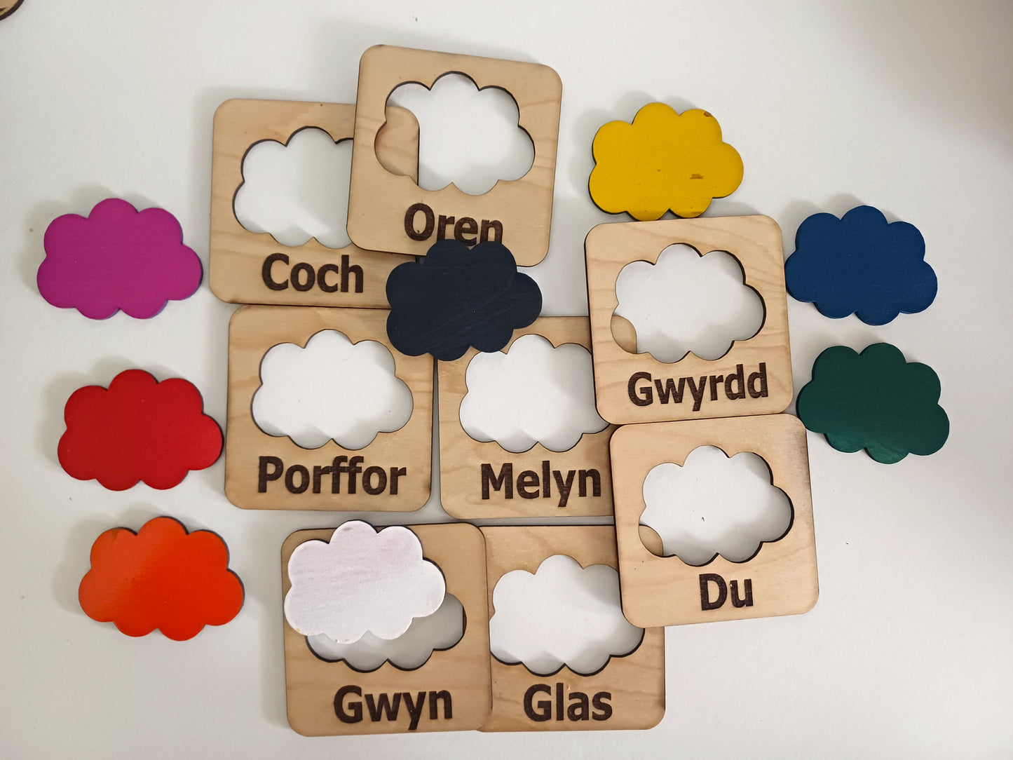 Welsh colours education montesorri style stencils and learning toy Cymru