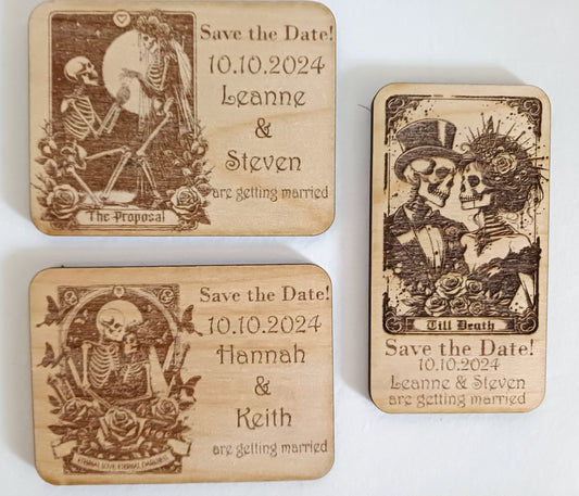 Gothic Tarot style wedding save the date fridge magnets. skeleton design wedding invites