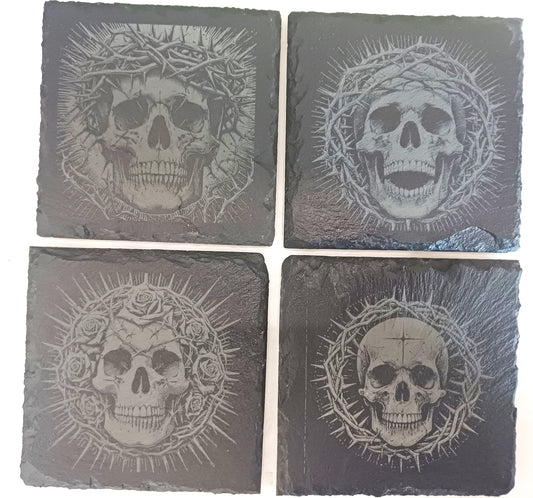 slate Skull Coasters, laser engraved coasters, skulls, square