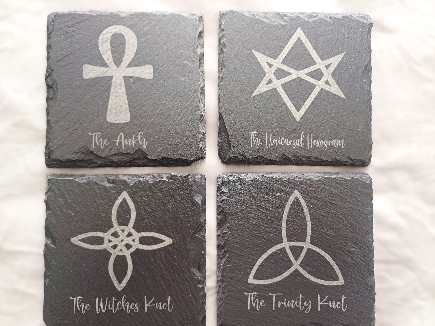 Witches symbols slate coaster, laser engraved with witch symbols and symbols of protection, wiccan, pagan