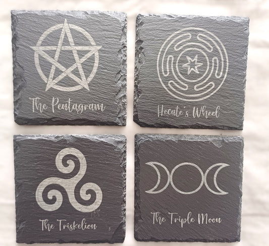 Witches symbols slate coaster, laser engraved with witch symbols and symbols of protection, wiccan, pagan